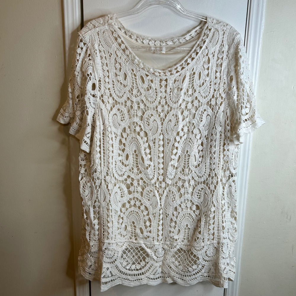 Women 1X Cream Crochet Lace Short Sleeve Lined Blouse Cottagecore